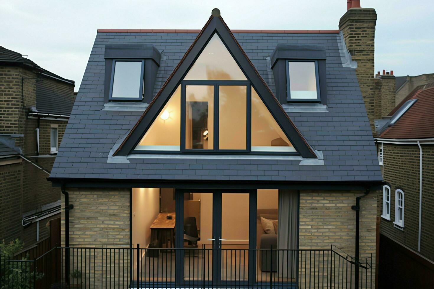 Modern dormer loft conversion interior design in apartment or house at UK. Luxury triangle attic room concept by AI Generated photo