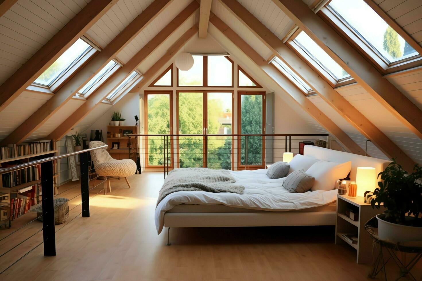 Modern dormer loft conversion interior design in apartment or house at UK. Luxury triangle attic room concept by AI Generated photo