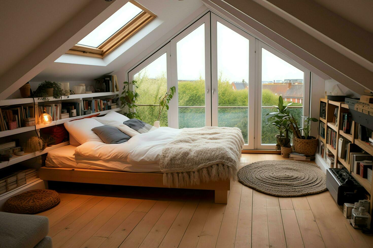 Modern dormer loft conversion interior design in apartment or house at UK. Luxury triangle attic room concept by AI Generated photo