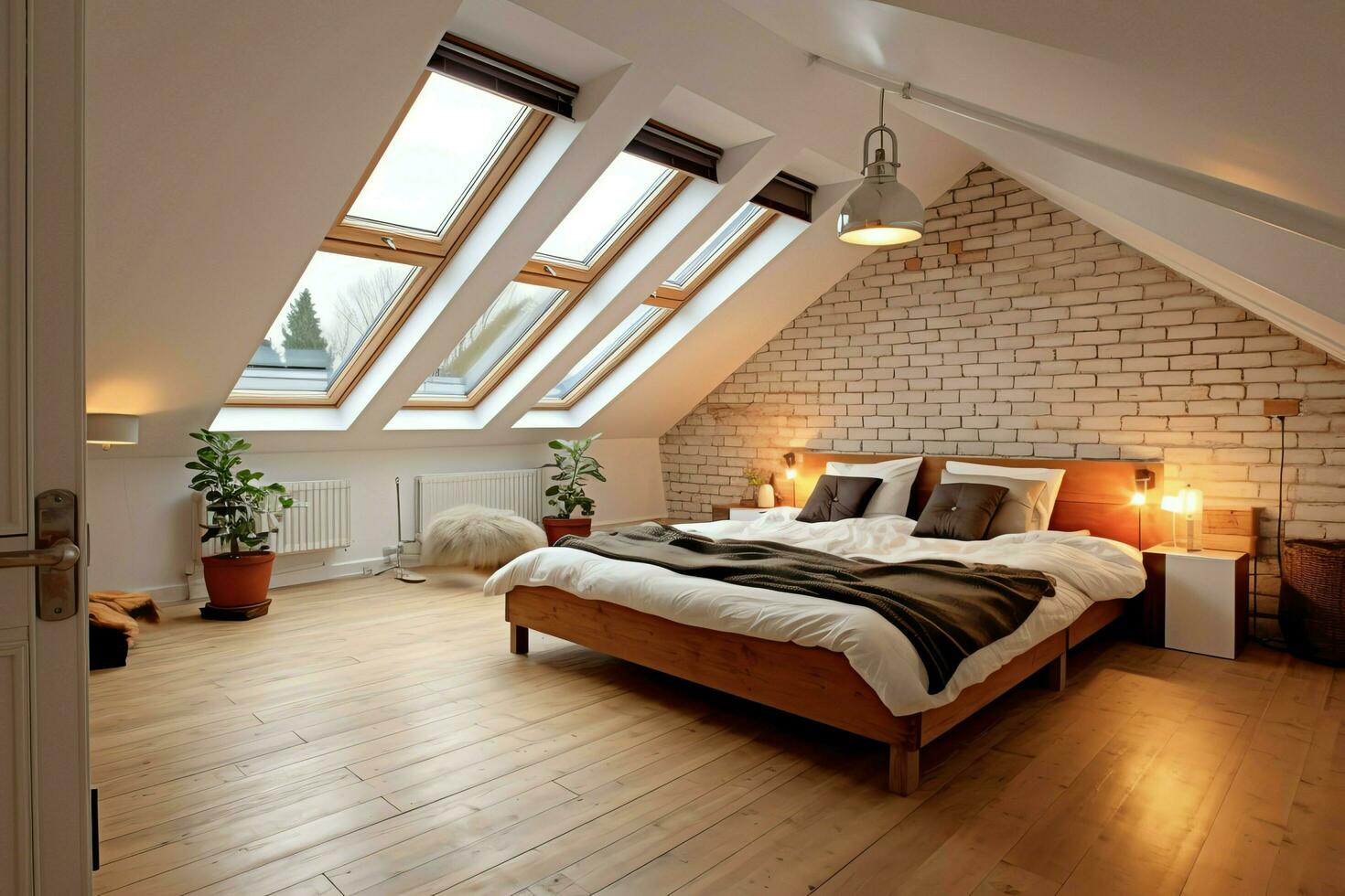 Modern dormer loft conversion interior design in apartment or house at UK. Luxury triangle attic room concept by AI Generated photo