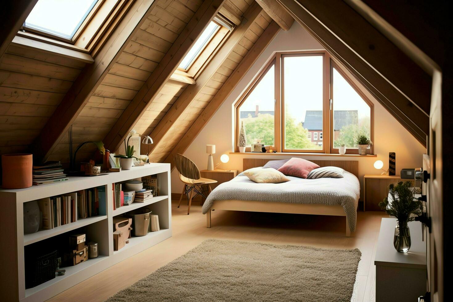 Modern dormer loft conversion interior design in apartment or house at UK. Luxury triangle attic room concept by AI Generated photo