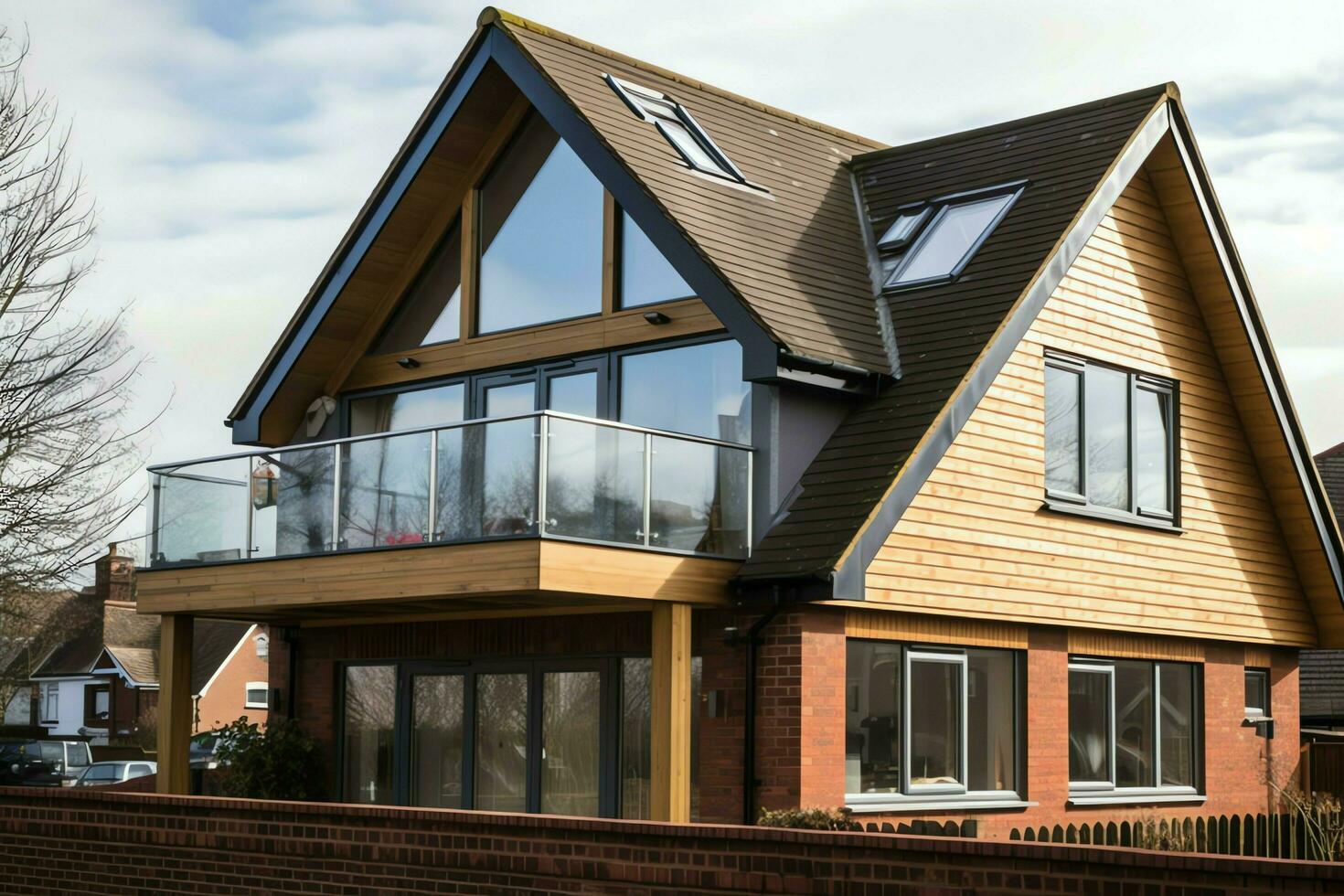 Modern dormer loft conversion interior design in apartment or house at UK. Luxury triangle attic room concept by AI Generated photo