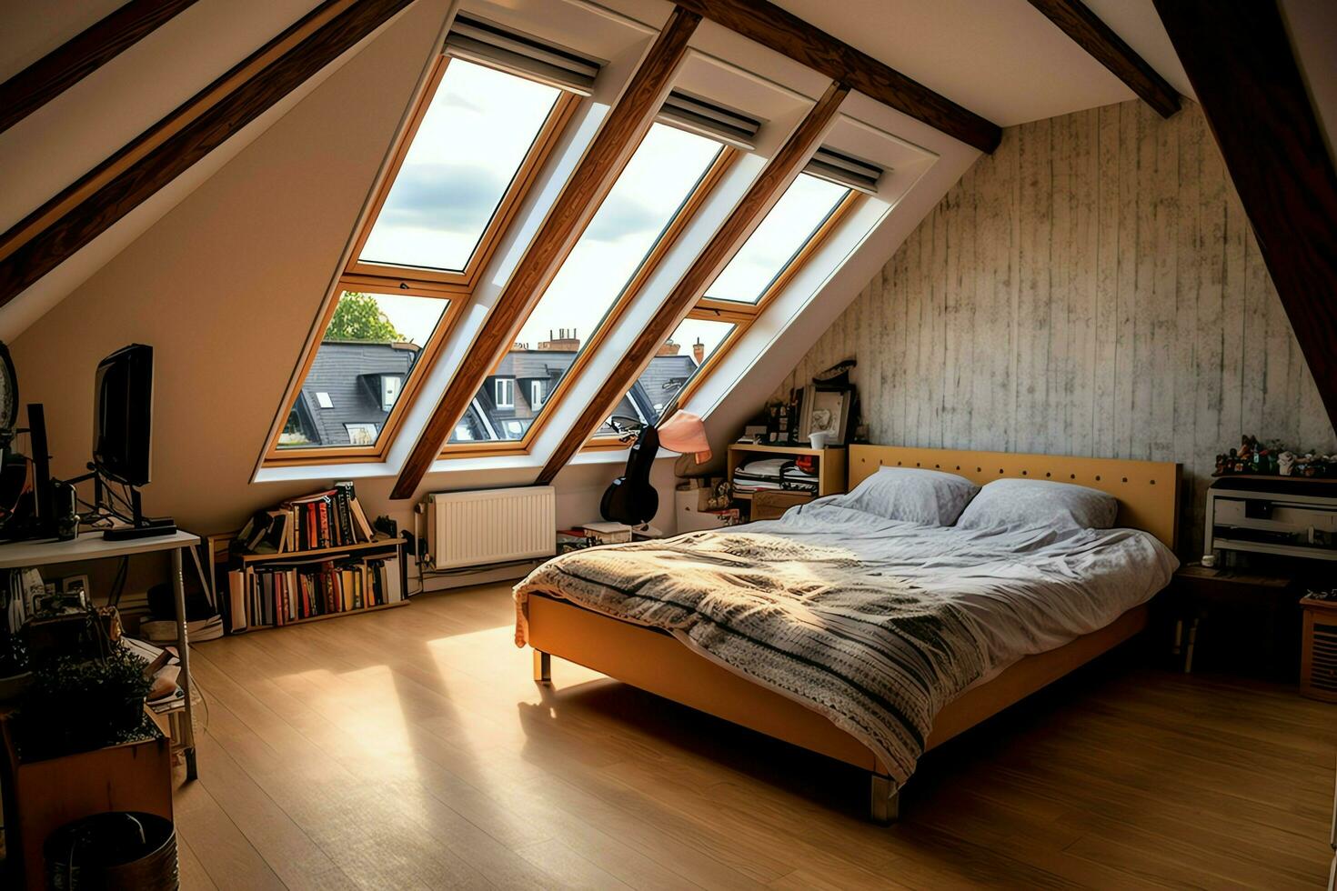 Modern dormer loft conversion interior design in apartment or house at UK. Luxury triangle attic room concept by AI Generated photo