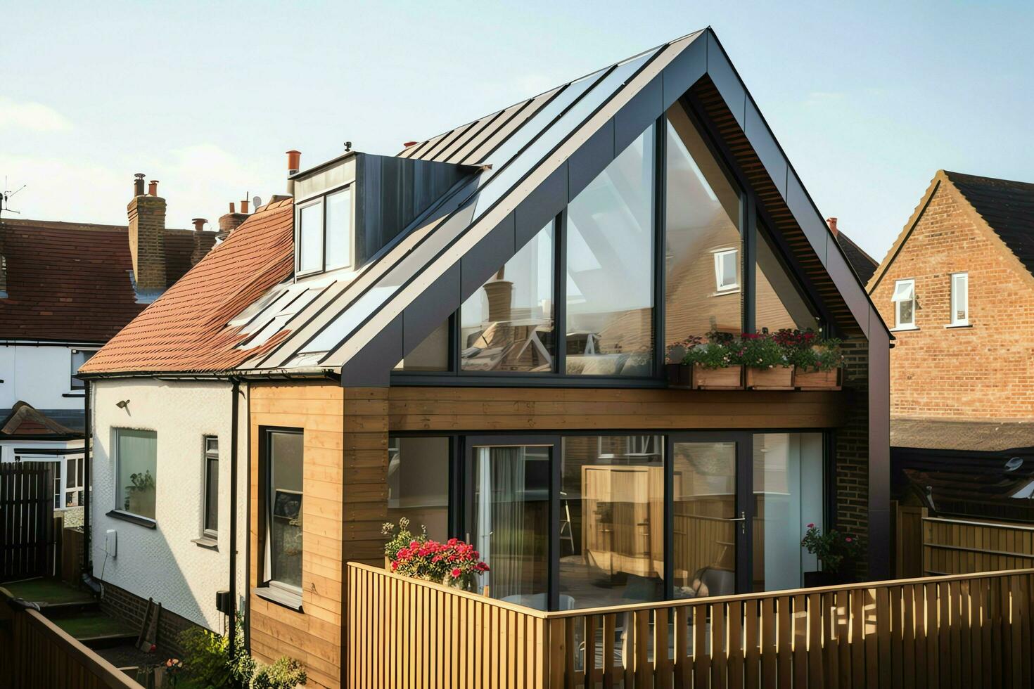 Modern dormer loft conversion interior design in apartment or house at UK. Luxury triangle attic room concept by AI Generated photo