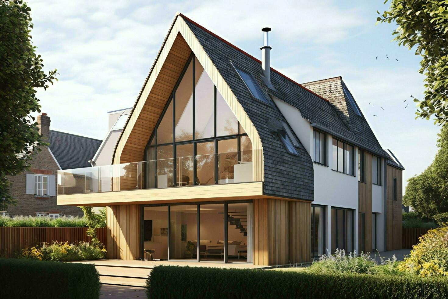 Modern dormer loft conversion interior design in apartment or house at UK. Luxury triangle attic room concept by AI Generated photo