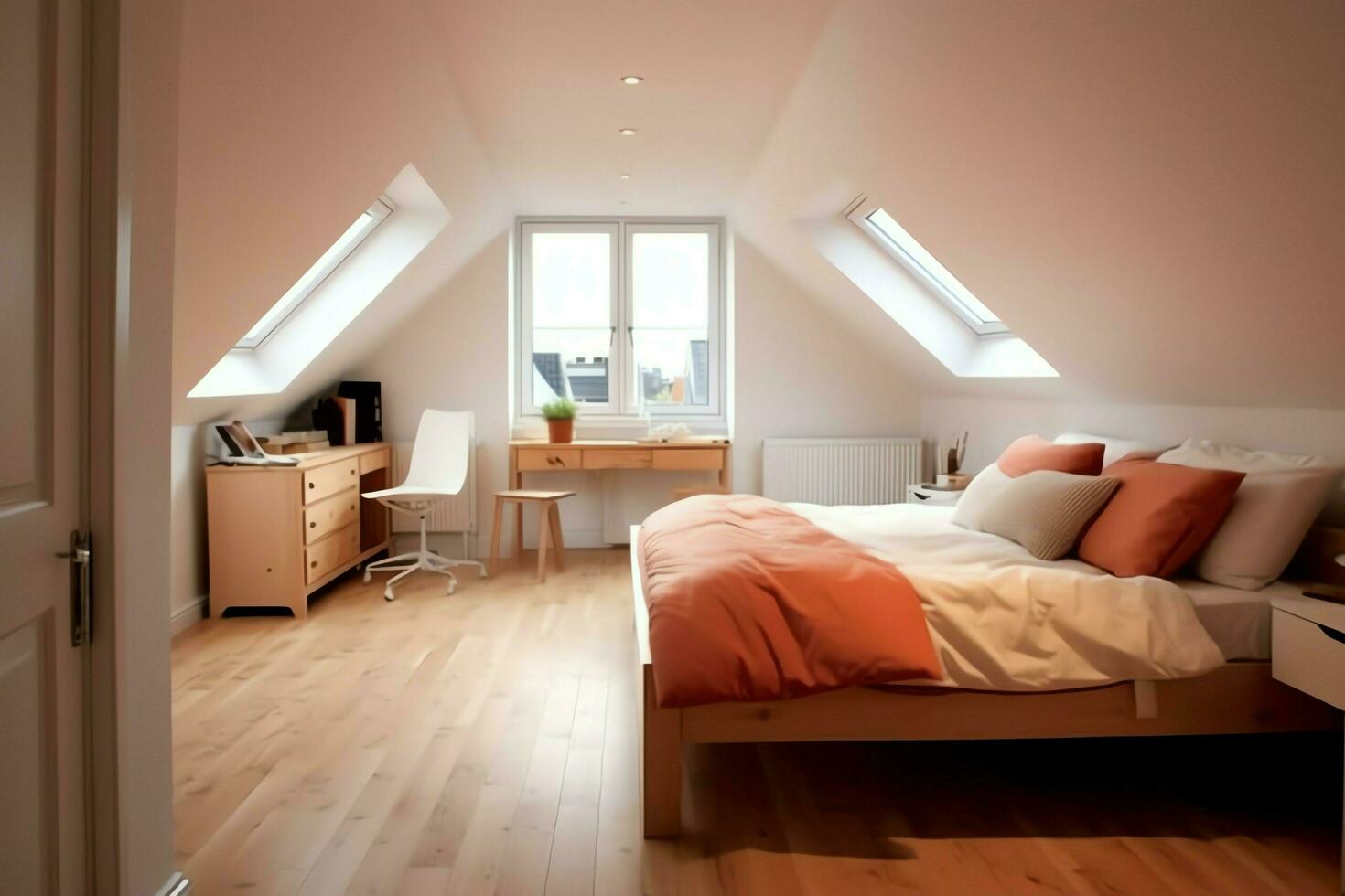 Modern dormer loft conversion interior design in apartment or house at UK. Luxury triangle attic room concept by AI Generated photo