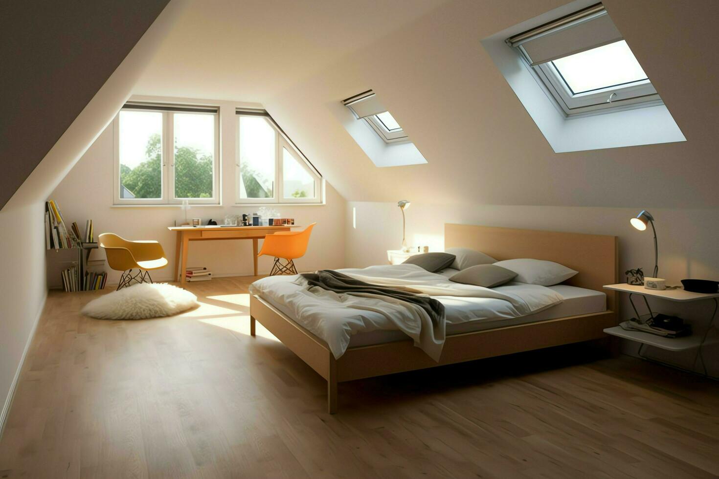 Modern dormer loft conversion interior design in apartment or house at UK. Luxury triangle attic room concept by AI Generated photo