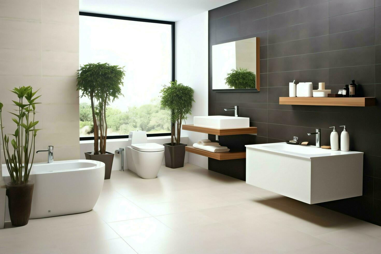 Interior design of a nice modern bathroom. 3D rendering modern toilet or bathroom in hotel or house concept by AI Generated photo