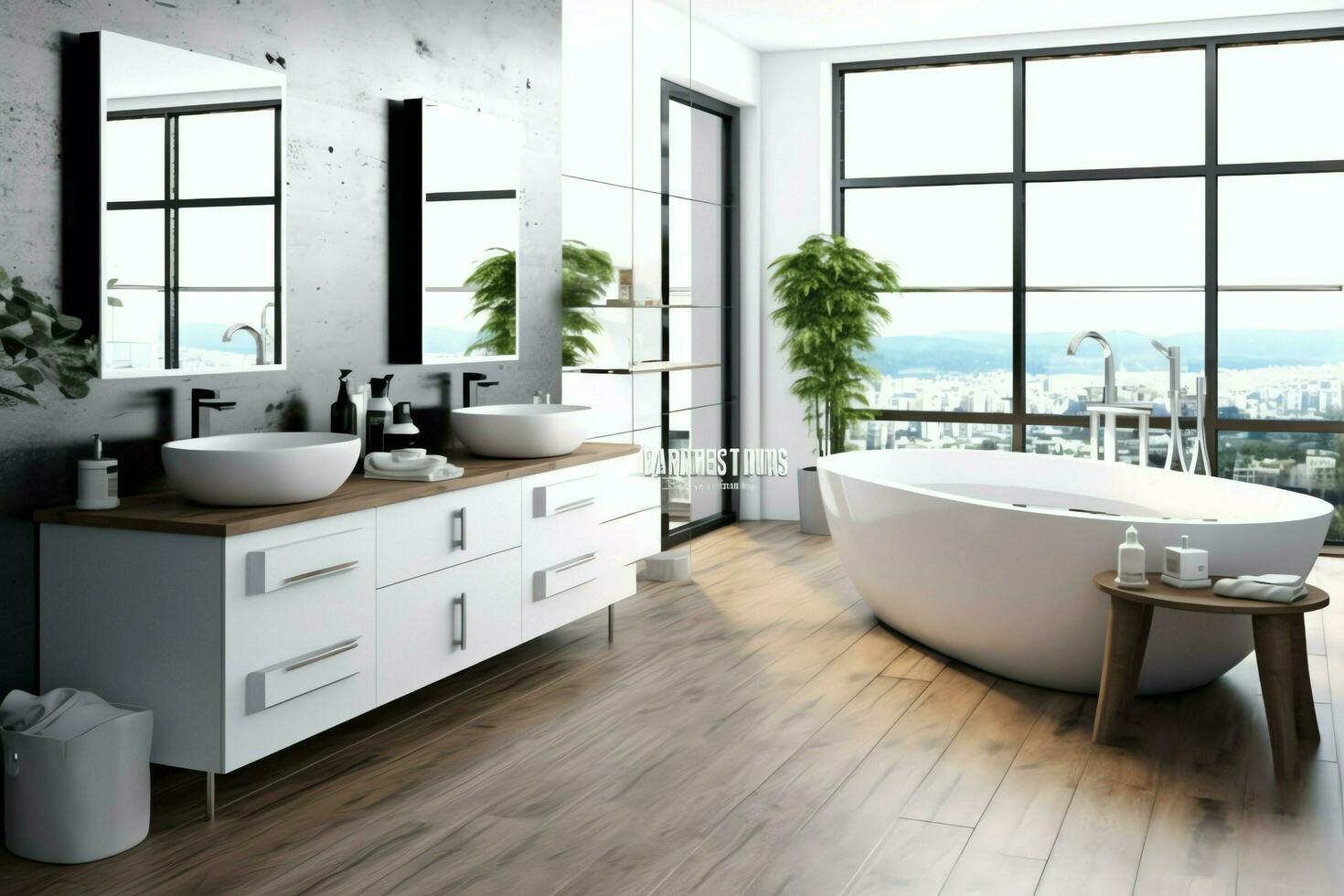 Interior design of a nice modern bathroom. 3D rendering modern toilet or bathroom in hotel or house concept by AI Generated photo