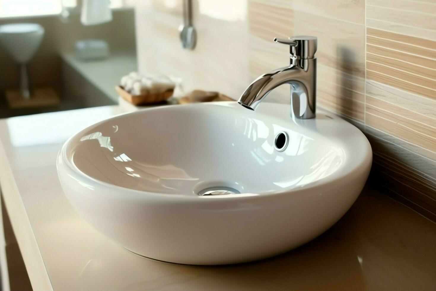 Modern public bathroom with row of white ceramic wash sink basins and faucet with mirror in restroom concept by AI Generated photo