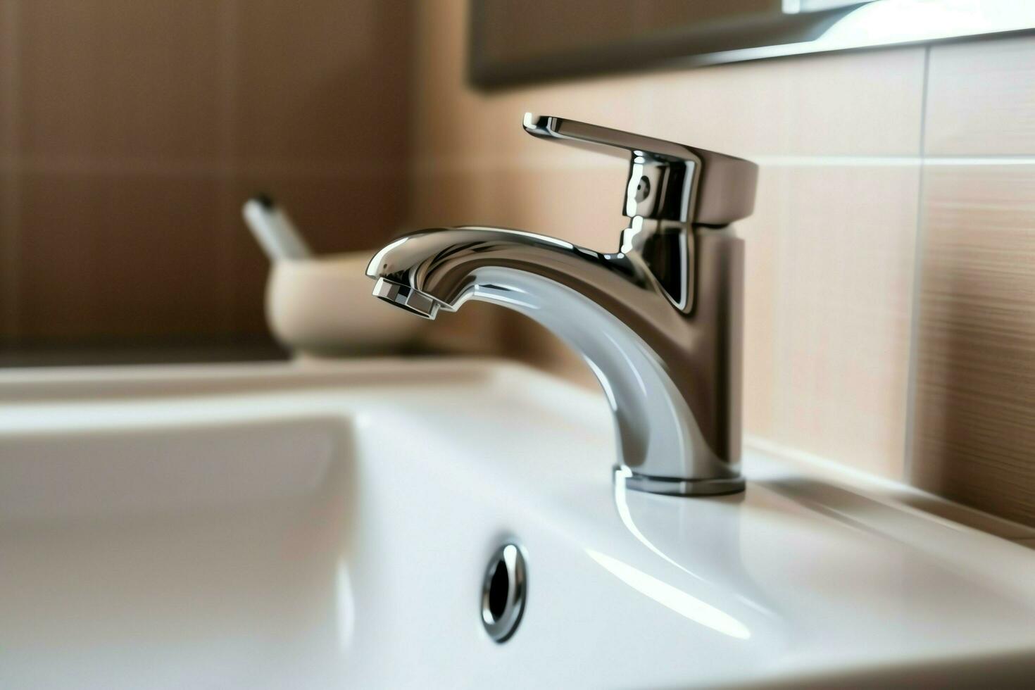 Modern public bathroom with row of white ceramic wash sink basins and faucet with mirror in restroom concept by AI Generated photo