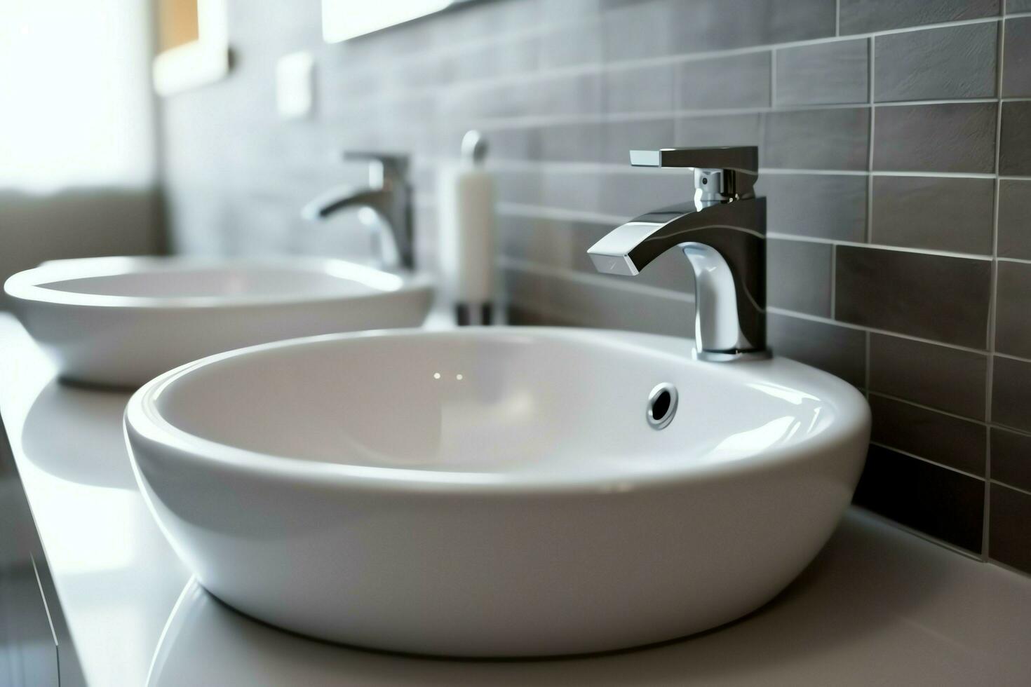 Modern public bathroom with row of white ceramic wash sink basins and faucet with mirror in restroom concept by AI Generated photo