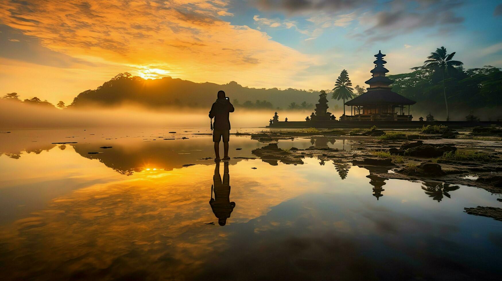 Ancient pura ulun danu bratan, besakih or famous hindu temple and tourist in bali island at sunrise concept by AI Generated photo