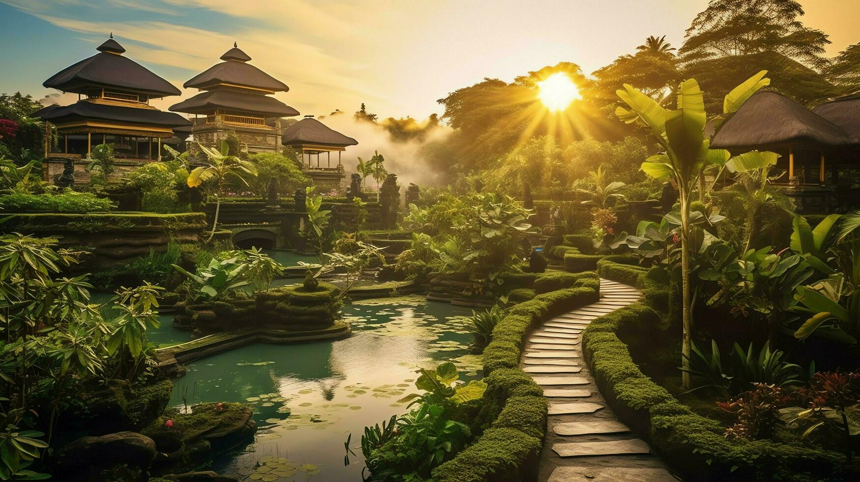Ancient pura ulun danu bratan, besakih or famous hindu temple and tourist in bali island at sunrise concept by AI Generated photo