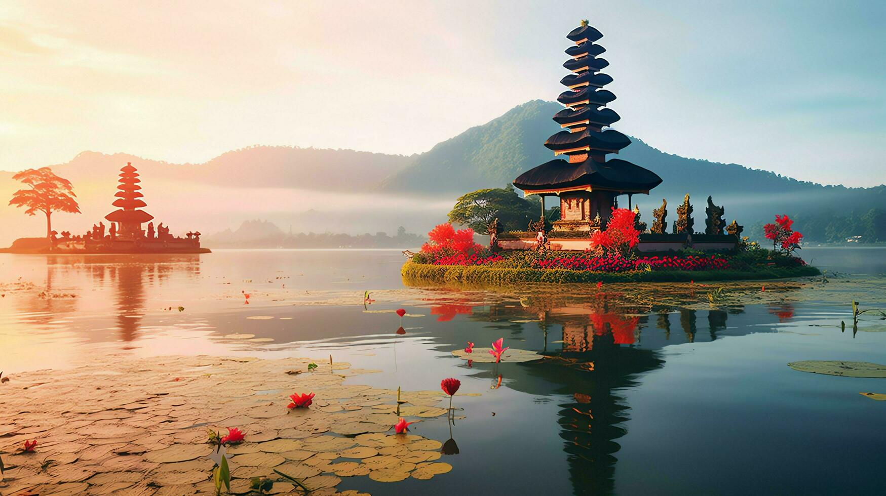 Ancient pura ulun danu bratan, besakih or famous hindu temple and tourist in bali island at sunrise concept by AI Generated photo