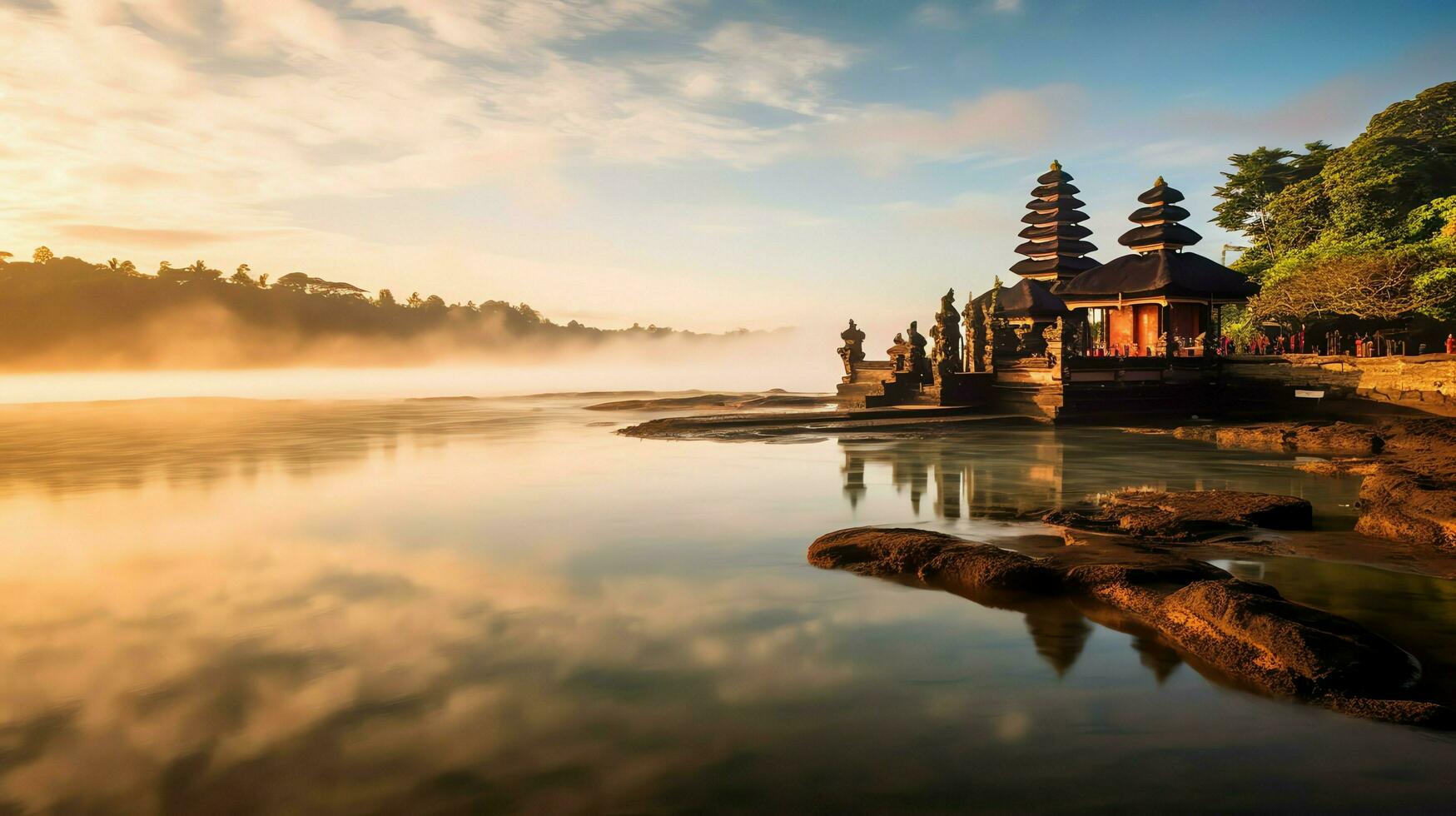 Ancient pura ulun danu bratan, besakih or famous hindu temple and tourist in bali island at sunrise concept by AI Generated photo