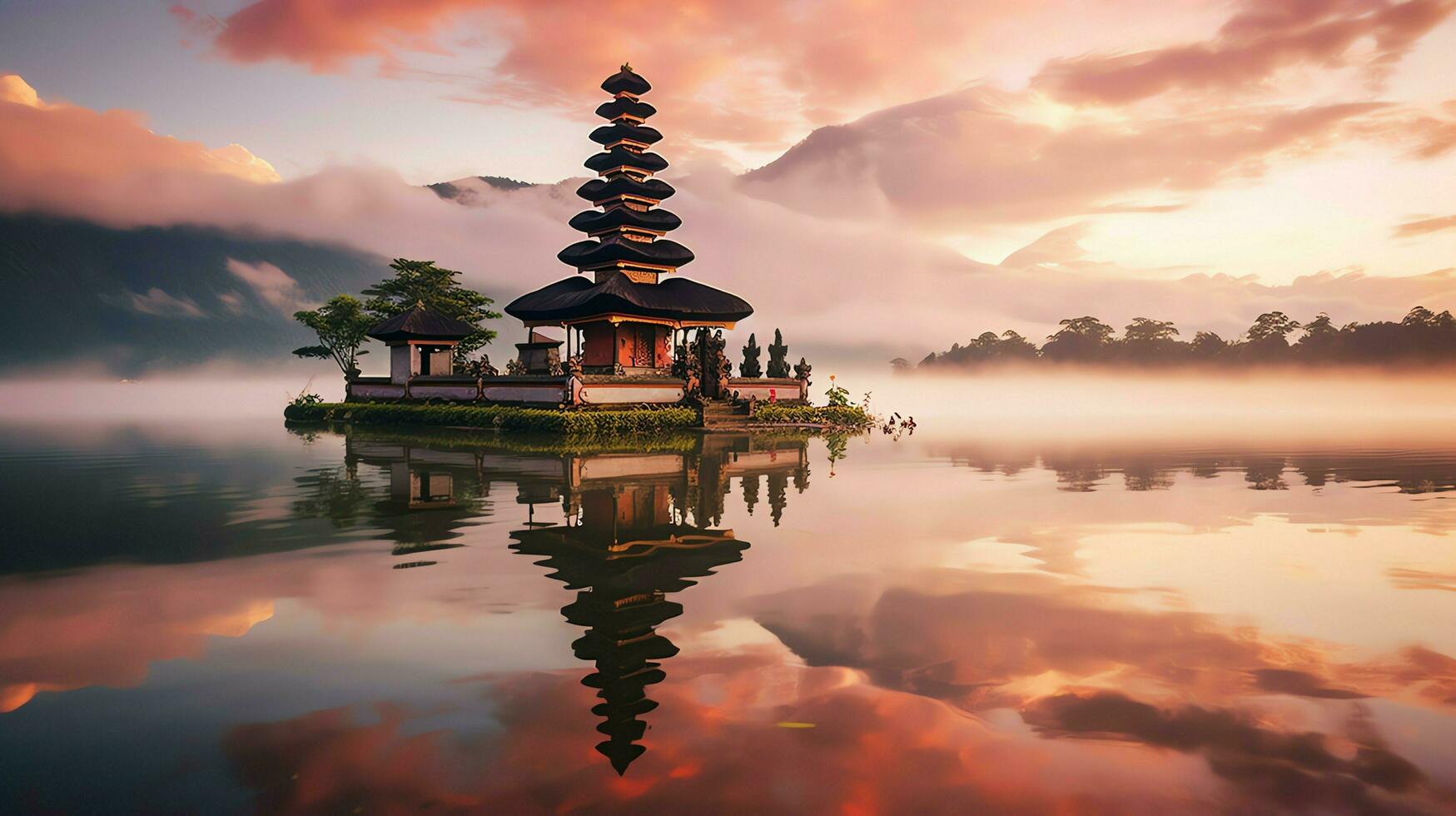 Ancient pura ulun danu bratan, besakih or famous hindu temple and tourist in bali island at sunrise concept by AI Generated photo