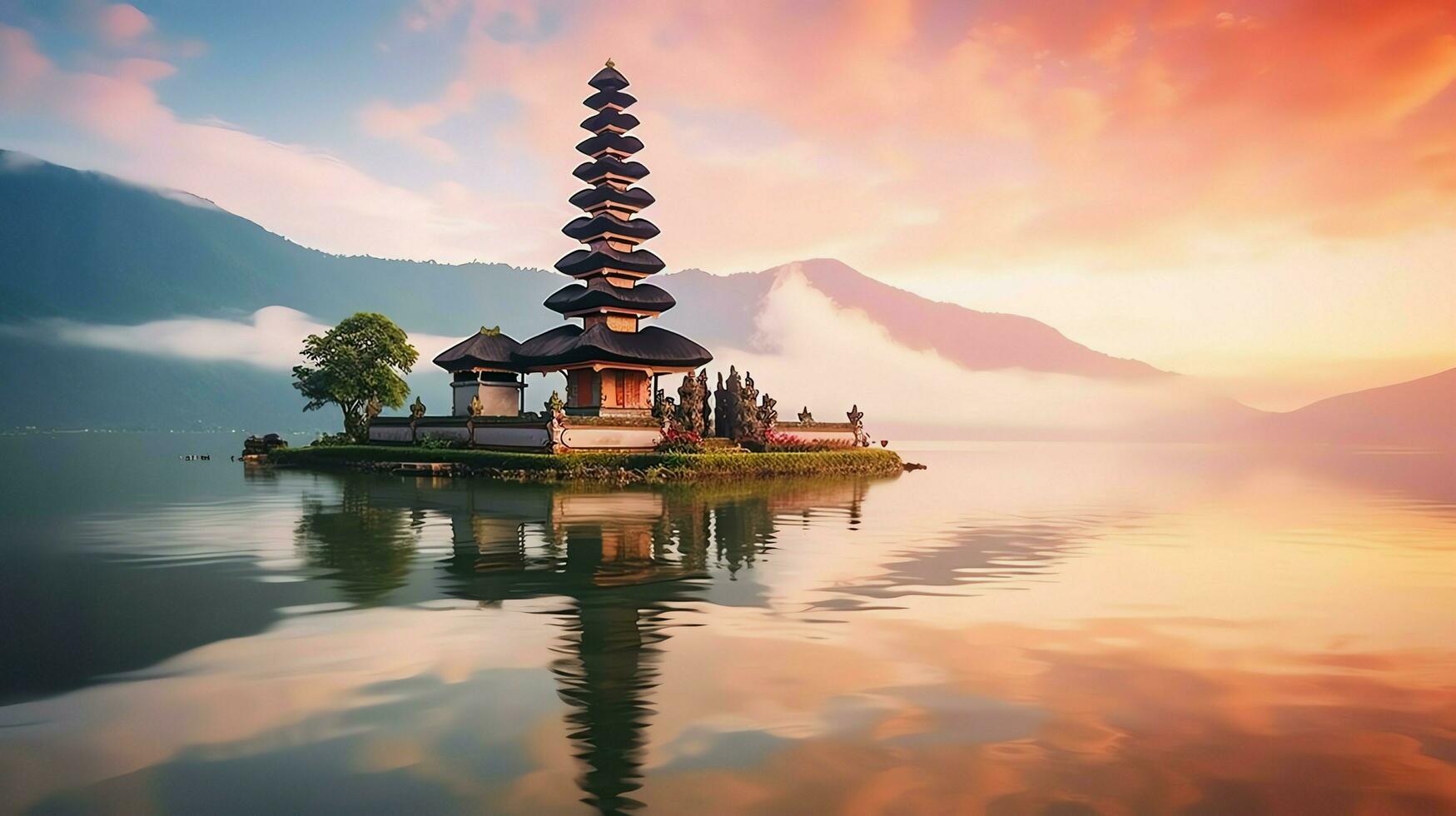 Ancient pura ulun danu bratan, besakih or famous hindu temple and tourist in bali island at sunrise concept by AI Generated photo