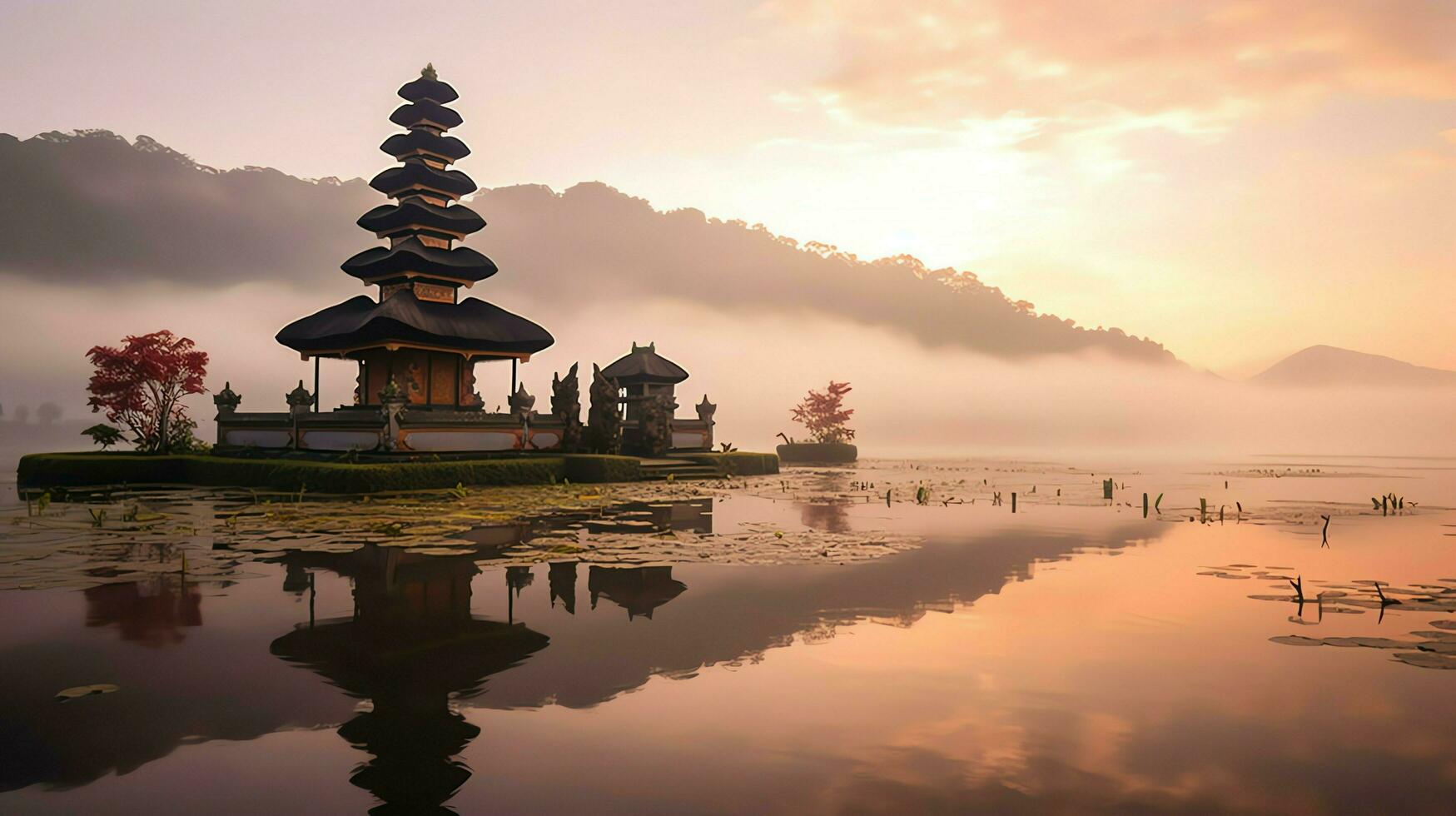 Ancient pura ulun danu bratan, besakih or famous hindu temple and tourist in bali island at sunrise concept by AI Generated photo