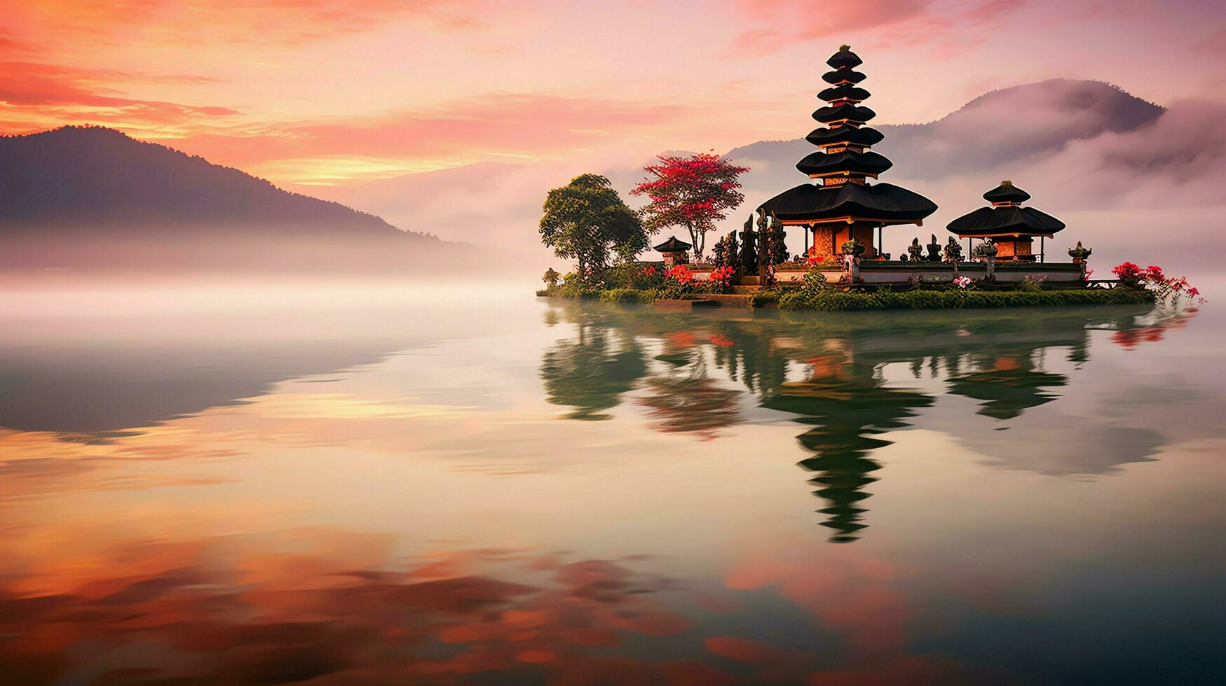 Ancient pura ulun danu bratan, besakih or famous hindu temple and tourist in bali island at sunrise concept by AI Generated photo