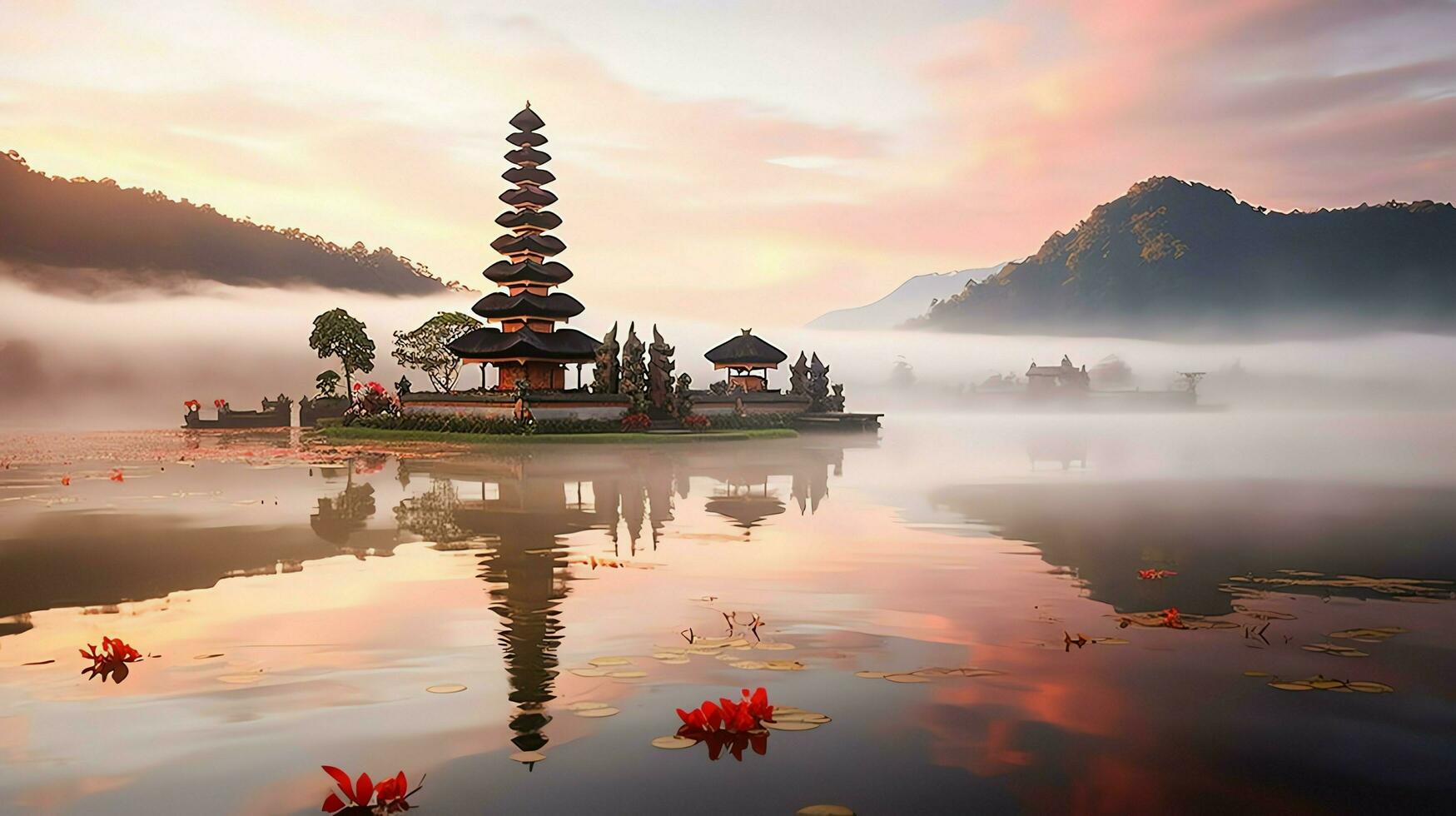 Ancient pura ulun danu bratan, besakih or famous hindu temple and tourist in bali island at sunrise concept by AI Generated photo