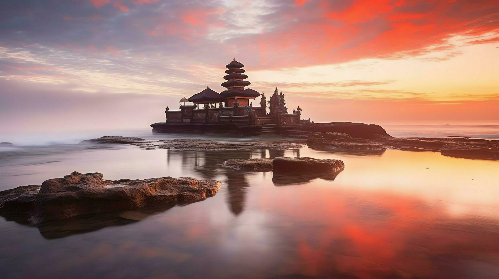 Ancient pura ulun danu bratan, besakih or famous hindu temple and tourist in bali island at sunrise concept by AI Generated photo