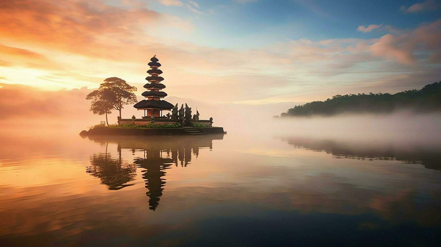 Ancient pura ulun danu bratan, besakih or famous hindu temple and tourist in bali island at sunrise concept by AI Generated photo