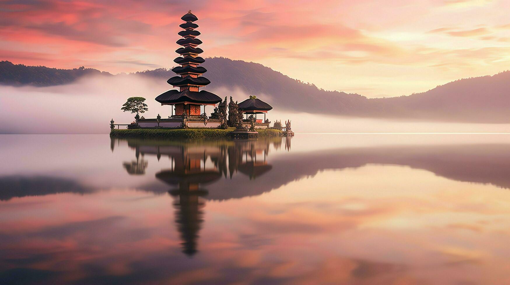 Ancient pura ulun danu bratan, besakih or famous hindu temple and tourist in bali island at sunrise concept by AI Generated photo