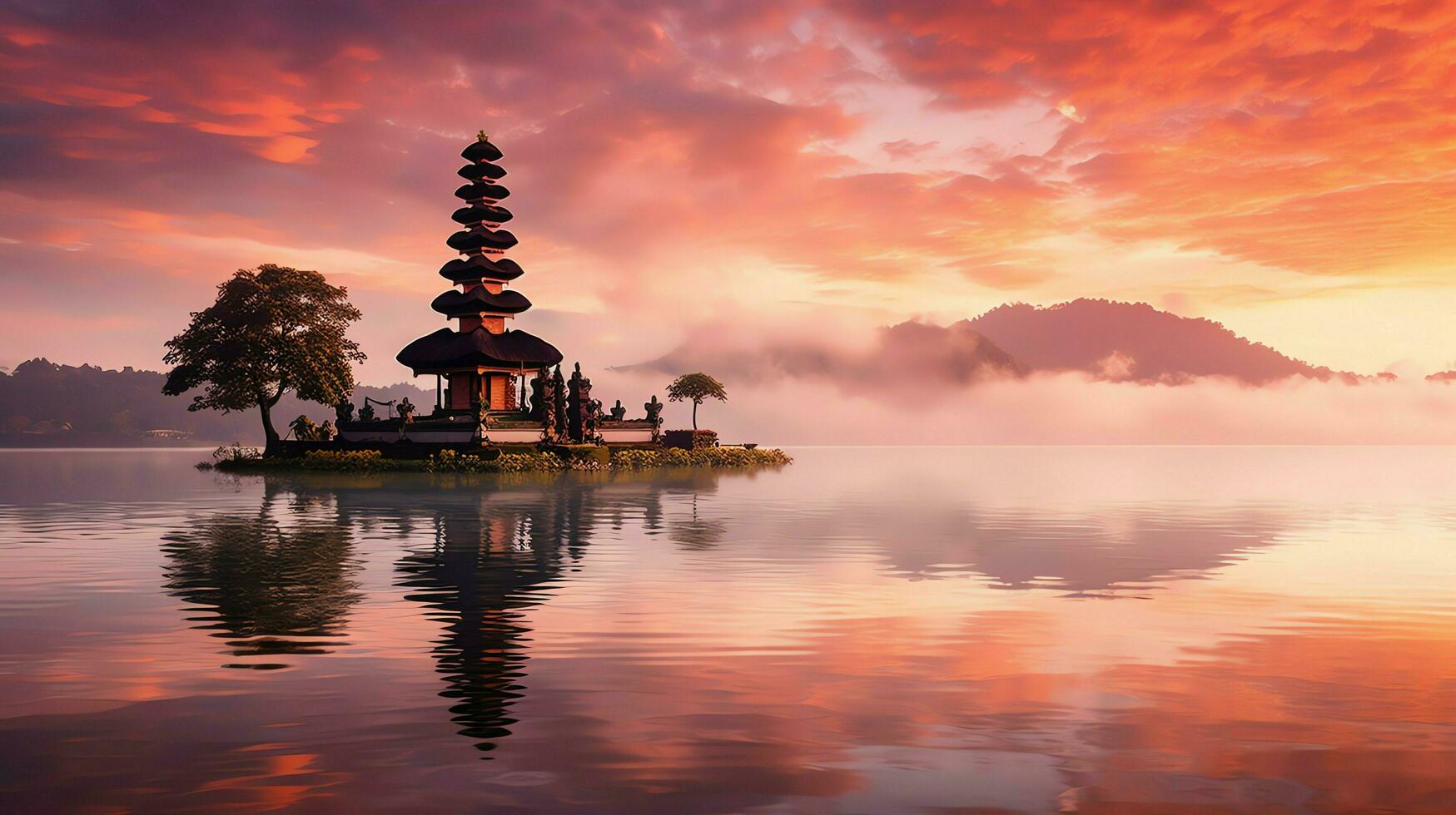 Ancient pura ulun danu bratan, besakih or famous hindu temple and tourist in bali island at sunrise concept by AI Generated photo