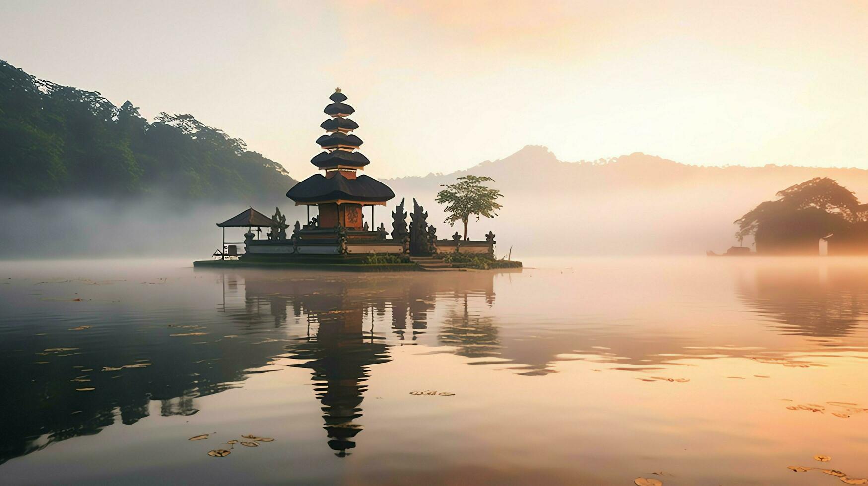 Ancient pura ulun danu bratan, besakih or famous hindu temple and tourist in bali island at sunrise concept by AI Generated photo