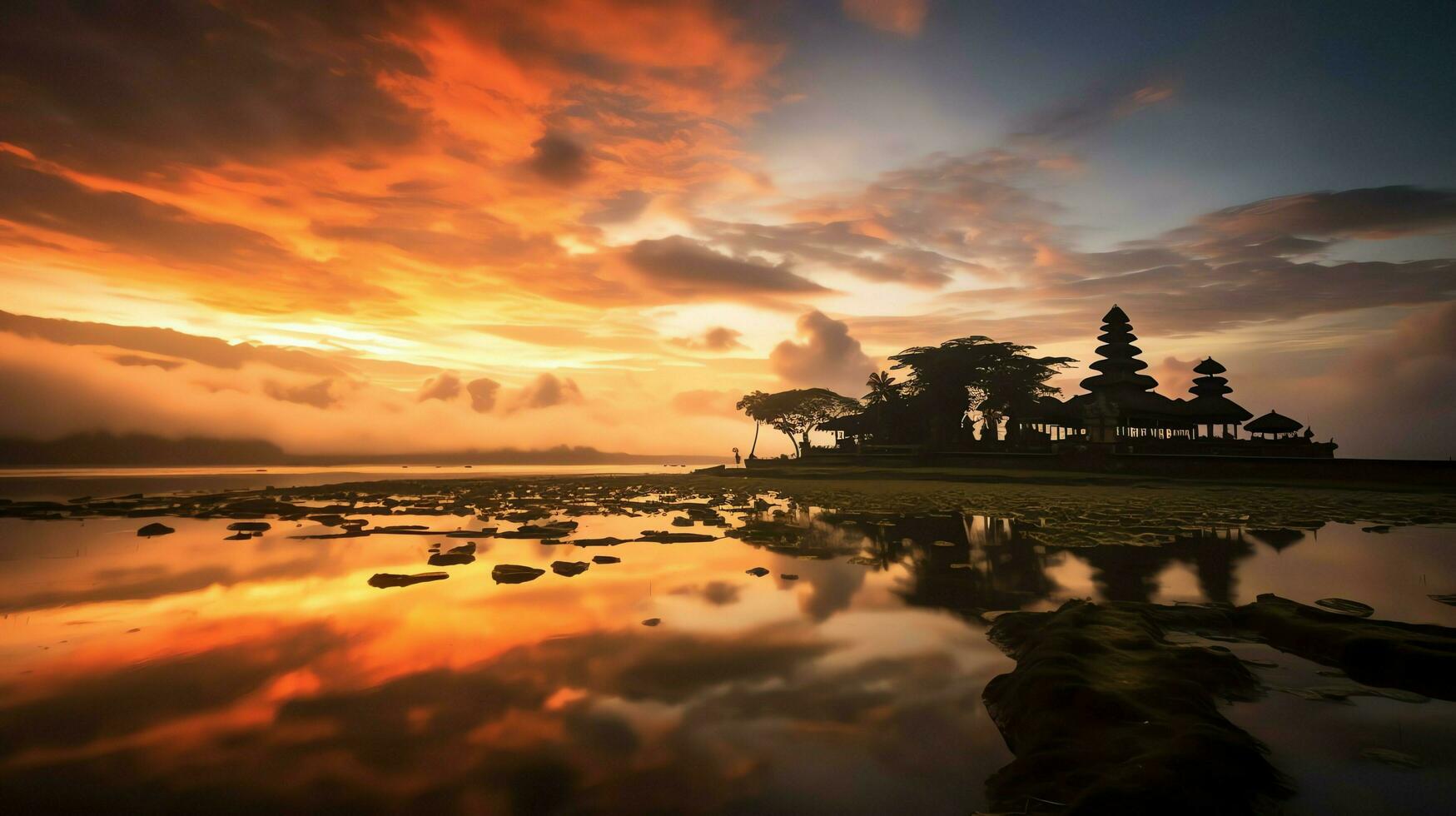 Ancient pura ulun danu bratan, besakih or famous hindu temple and tourist in bali island at sunrise concept by AI Generated photo