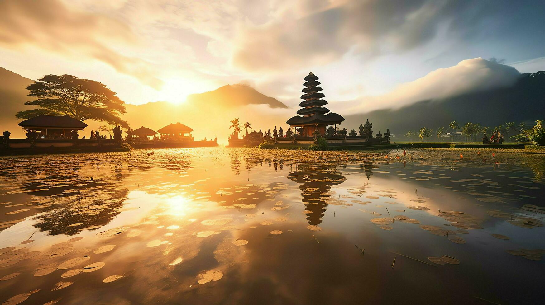 Ancient pura ulun danu bratan, besakih or famous hindu temple and tourist in bali island at sunrise concept by AI Generated photo