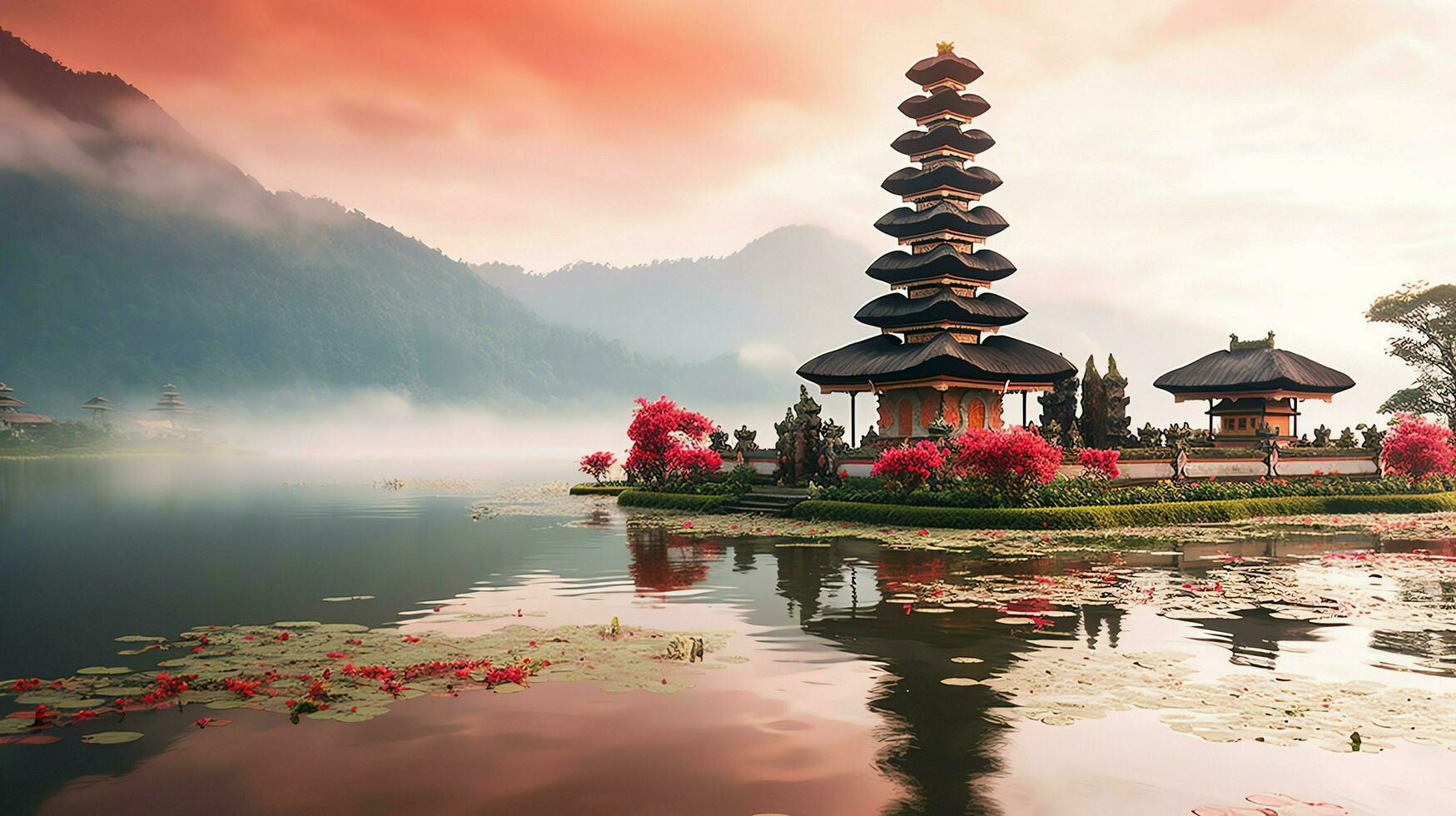 Ancient pura ulun danu bratan, besakih or famous hindu temple and tourist in bali island at sunrise concept by AI Generated photo
