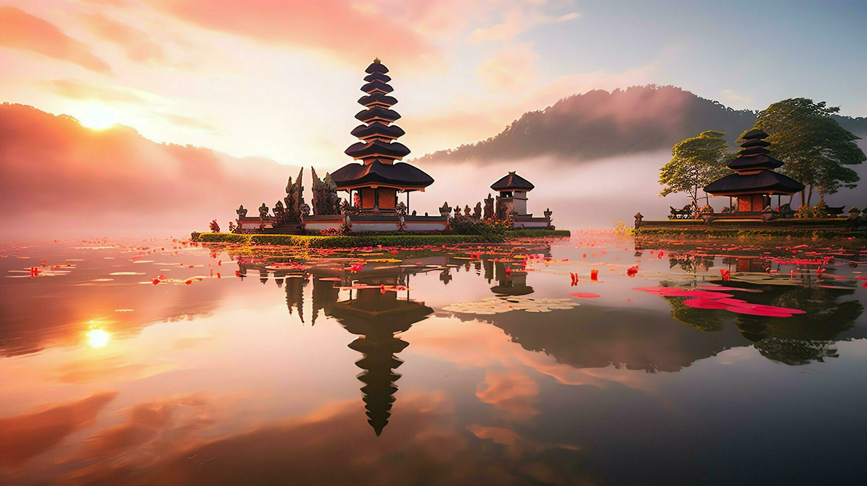 Ancient pura ulun danu bratan, besakih or famous hindu temple and tourist in bali island at sunrise concept by AI Generated photo