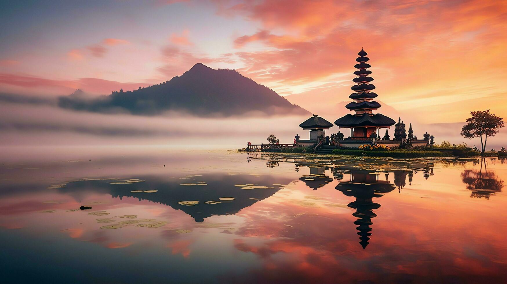 Ancient pura ulun danu bratan, besakih or famous hindu temple and tourist in bali island at sunrise concept by AI Generated photo