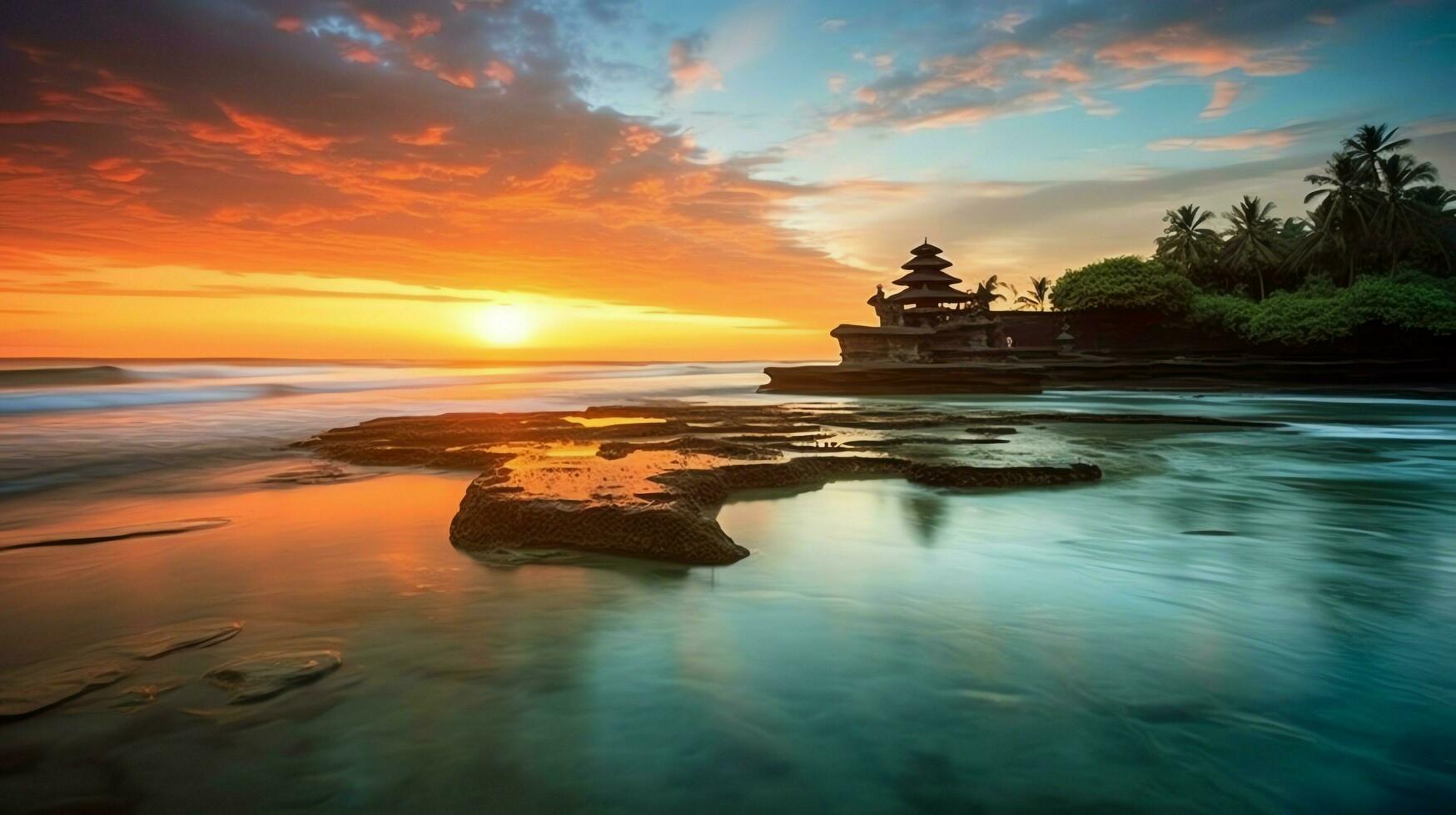 Ancient pura ulun danu bratan, besakih or famous hindu temple and tourist in bali island at sunrise concept by AI Generated photo