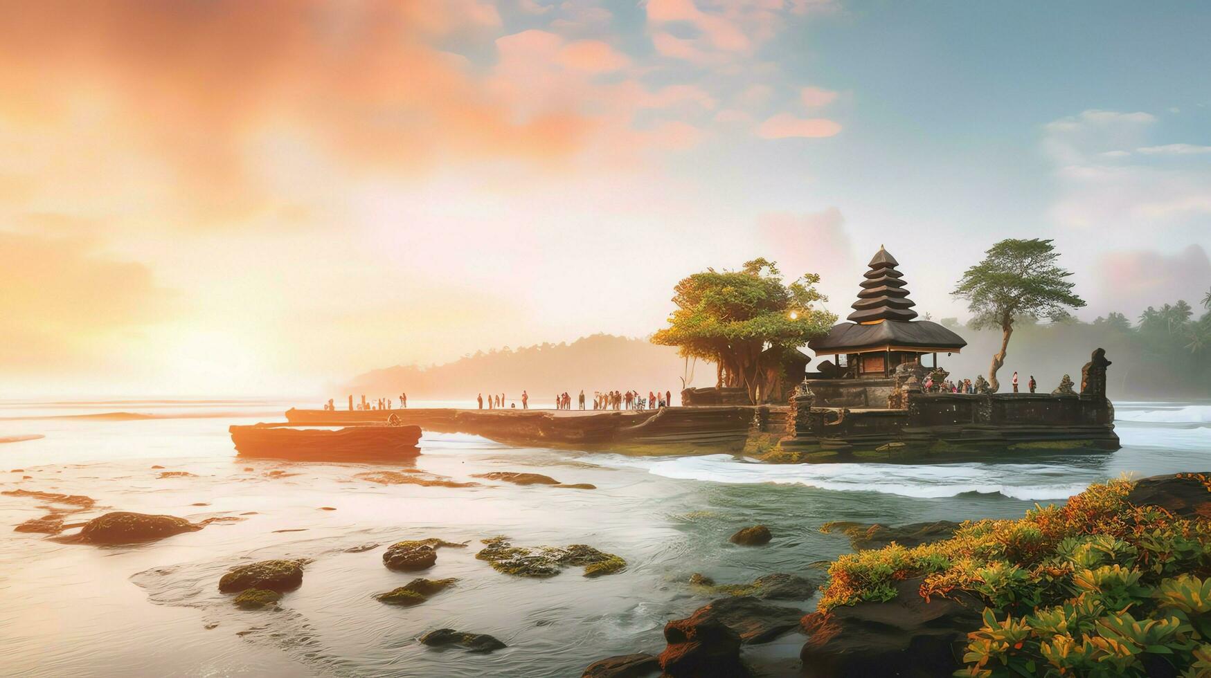 Ancient pura ulun danu bratan, besakih or famous hindu temple and tourist in bali island at sunrise concept by AI Generated photo