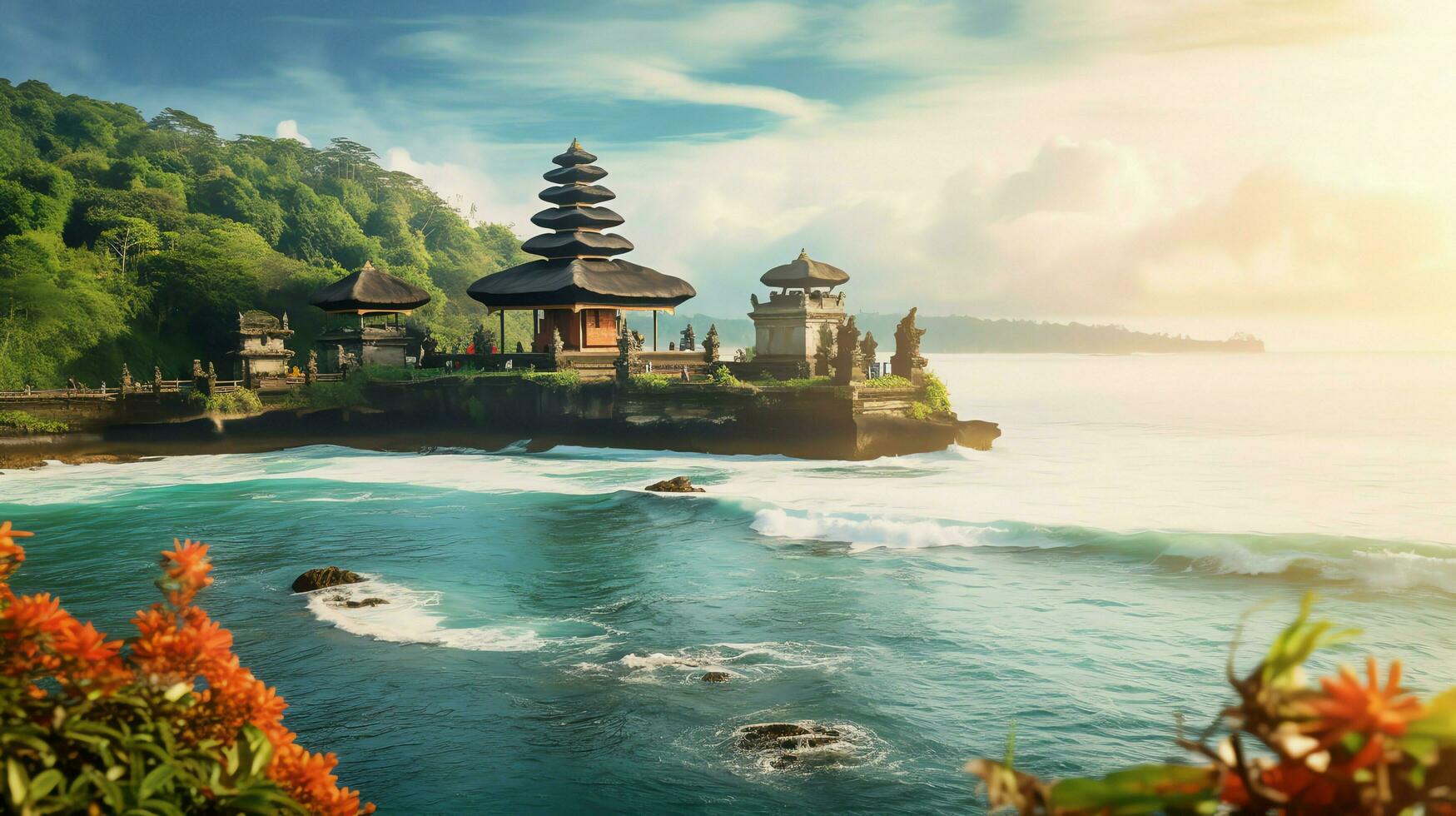 Ancient pura ulun danu bratan, besakih or famous hindu temple and tourist in bali island at sunrise concept by AI Generated photo