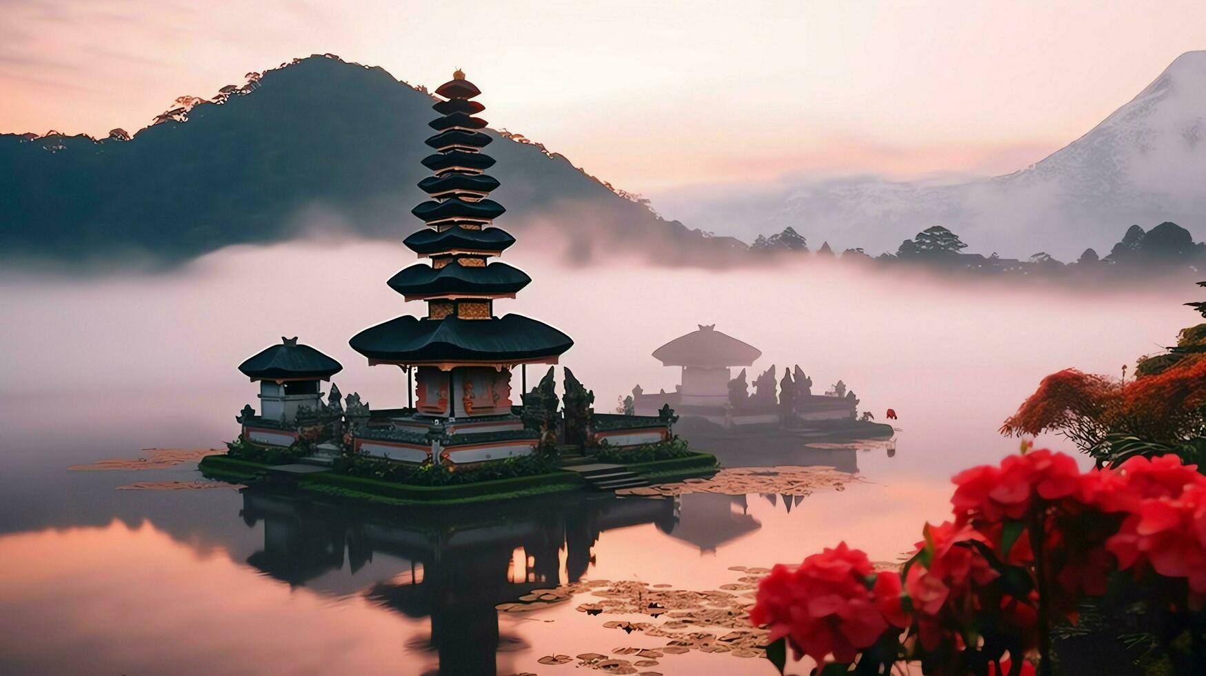 Ancient pura ulun danu bratan, besakih or famous hindu temple and tourist in bali island at sunrise concept by AI Generated photo