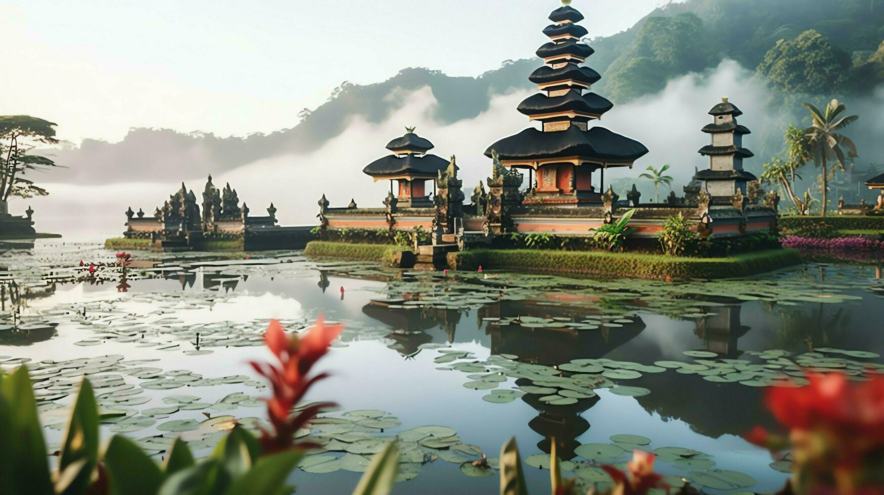 Ancient pura ulun danu bratan, besakih or famous hindu temple and tourist in bali island at sunrise concept by AI Generated photo