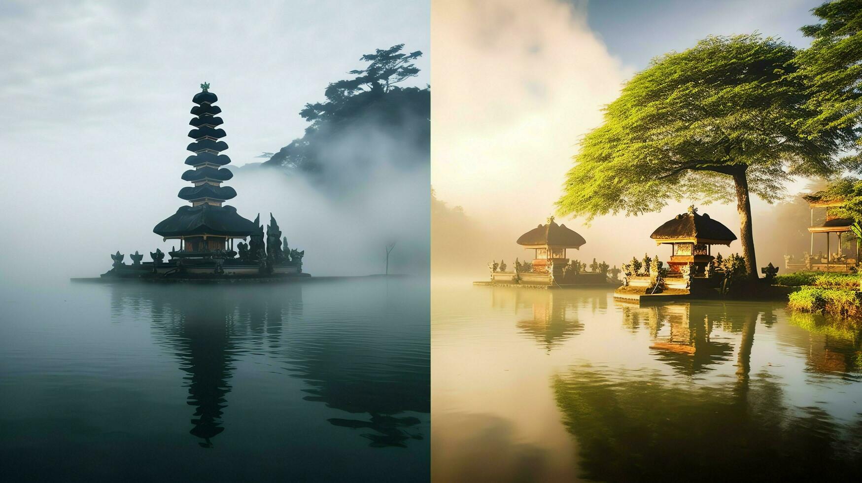 Ancient pura ulun danu bratan, besakih or famous hindu temple and tourist in bali island at sunrise concept by AI Generated photo