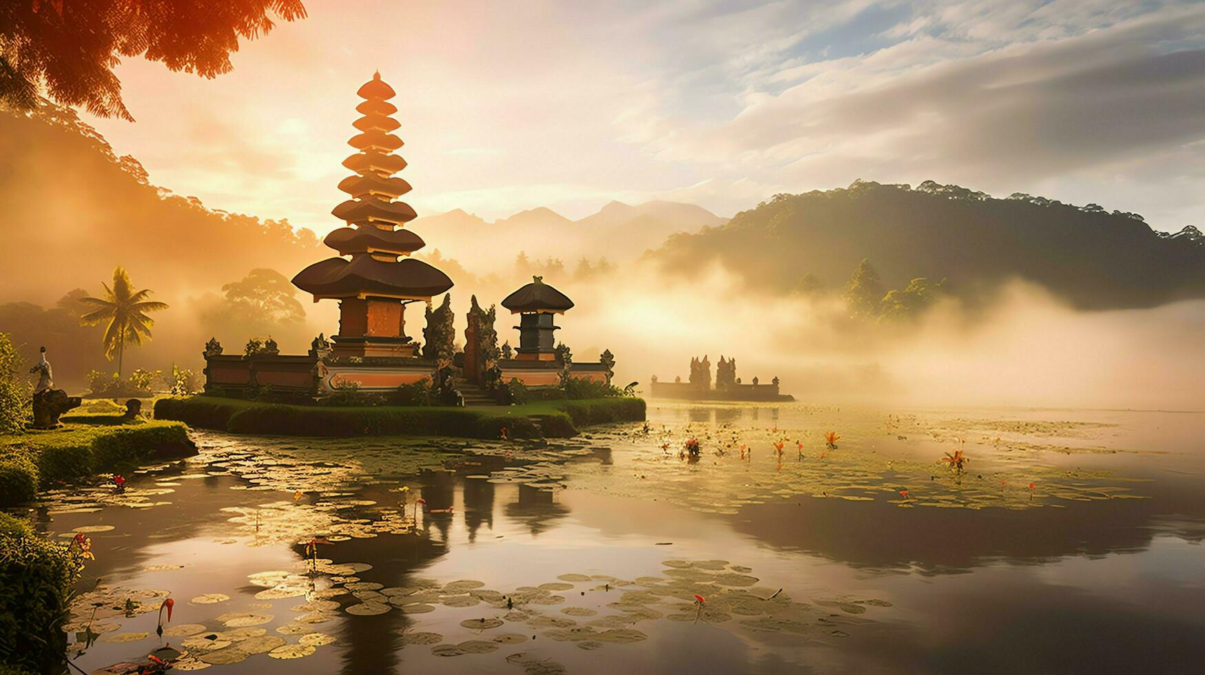 Ancient pura ulun danu bratan, besakih or famous hindu temple and tourist in bali island at sunrise concept by AI Generated photo