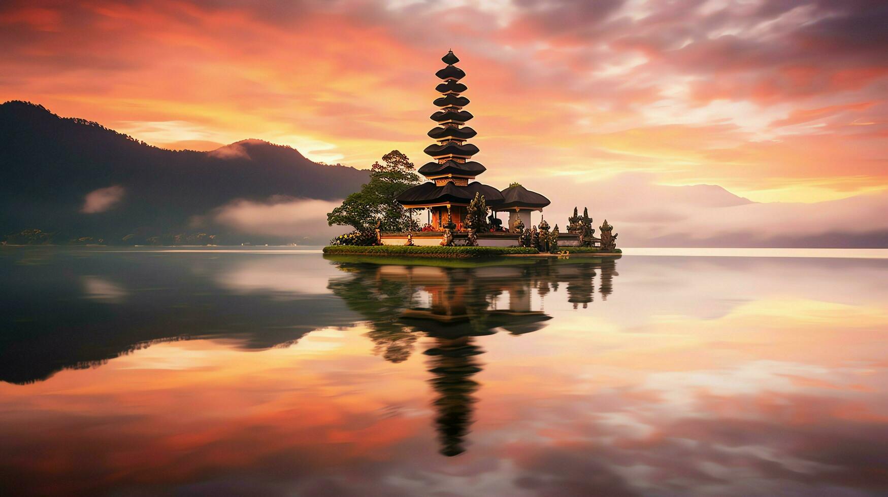 Ancient pura ulun danu bratan, besakih or famous hindu temple and tourist in bali island at sunrise concept by AI Generated photo