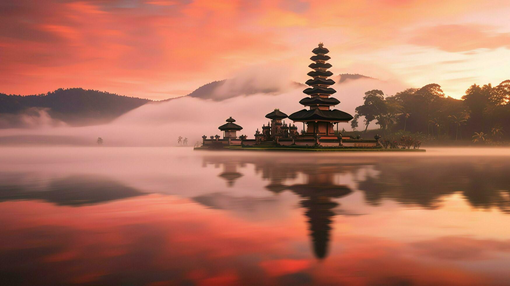 Ancient pura ulun danu bratan, besakih or famous hindu temple and tourist in bali island at sunrise concept by AI Generated photo