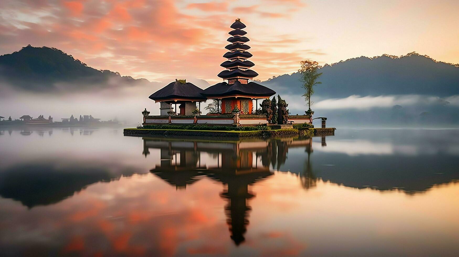 Ancient pura ulun danu bratan, besakih or famous hindu temple and tourist in bali island at sunrise concept by AI Generated photo