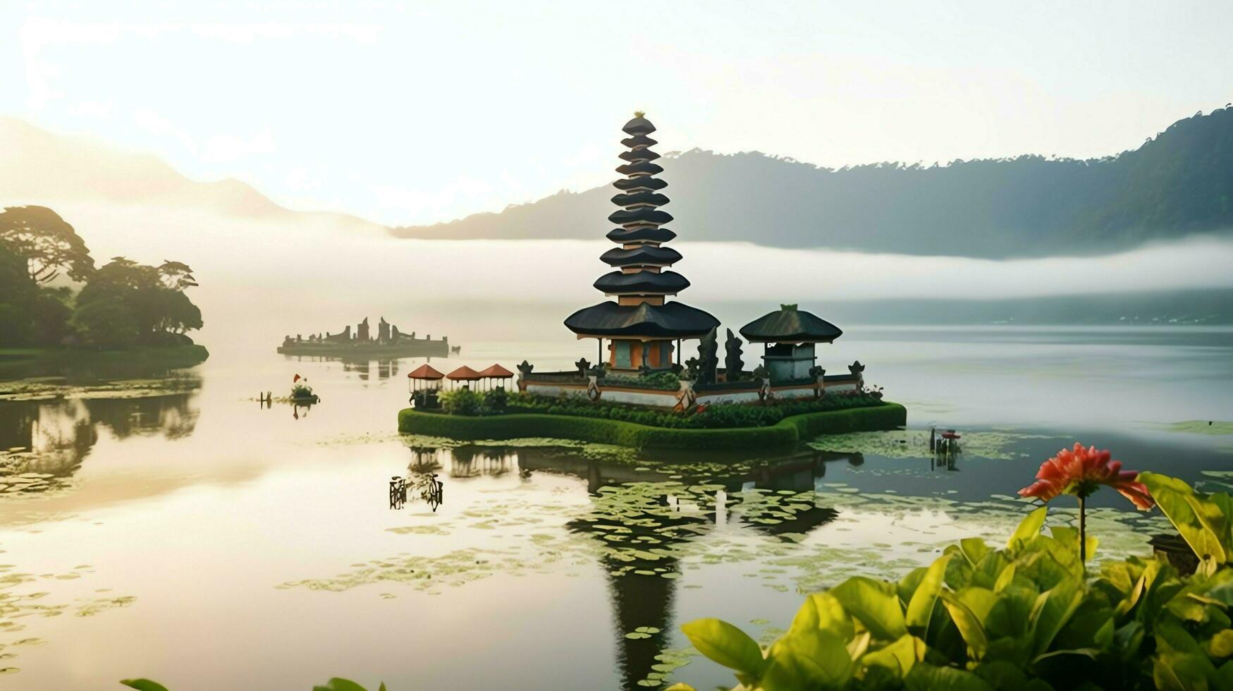 Ancient pura ulun danu bratan, besakih or famous hindu temple and tourist in bali island at sunrise concept by AI Generated photo