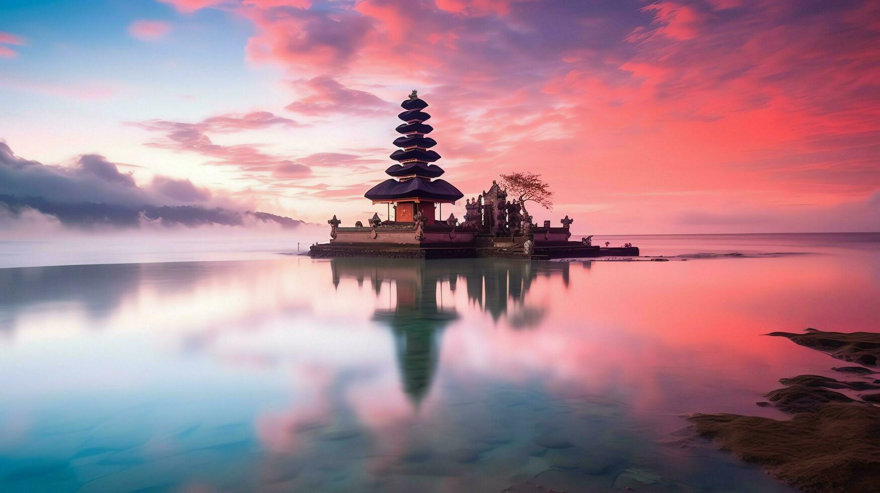 Ancient pura ulun danu bratan, besakih or famous hindu temple and tourist in bali island at sunrise concept by AI Generated photo