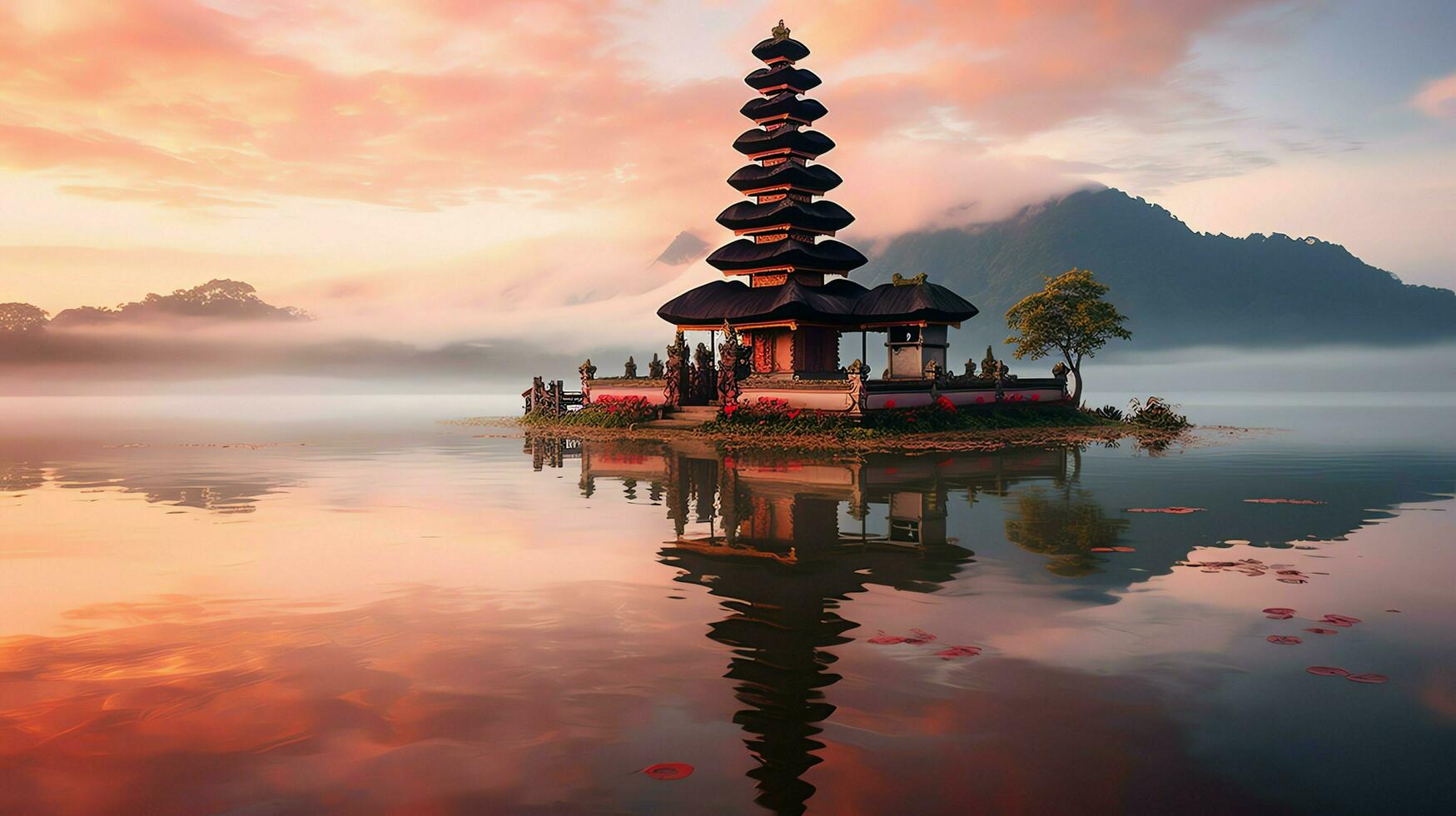 Ancient pura ulun danu bratan, besakih or famous hindu temple and tourist in bali island at sunrise concept by AI Generated photo