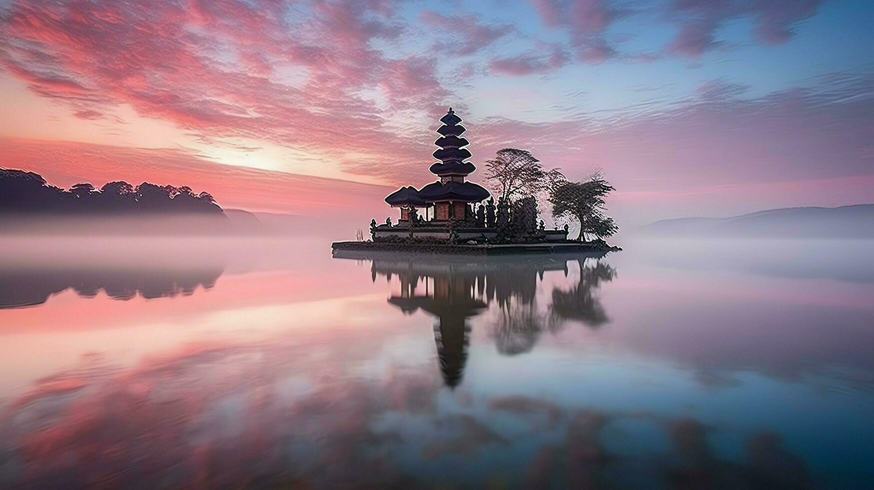Ancient pura ulun danu bratan, besakih or famous hindu temple and tourist in bali island at sunrise concept by AI Generated photo