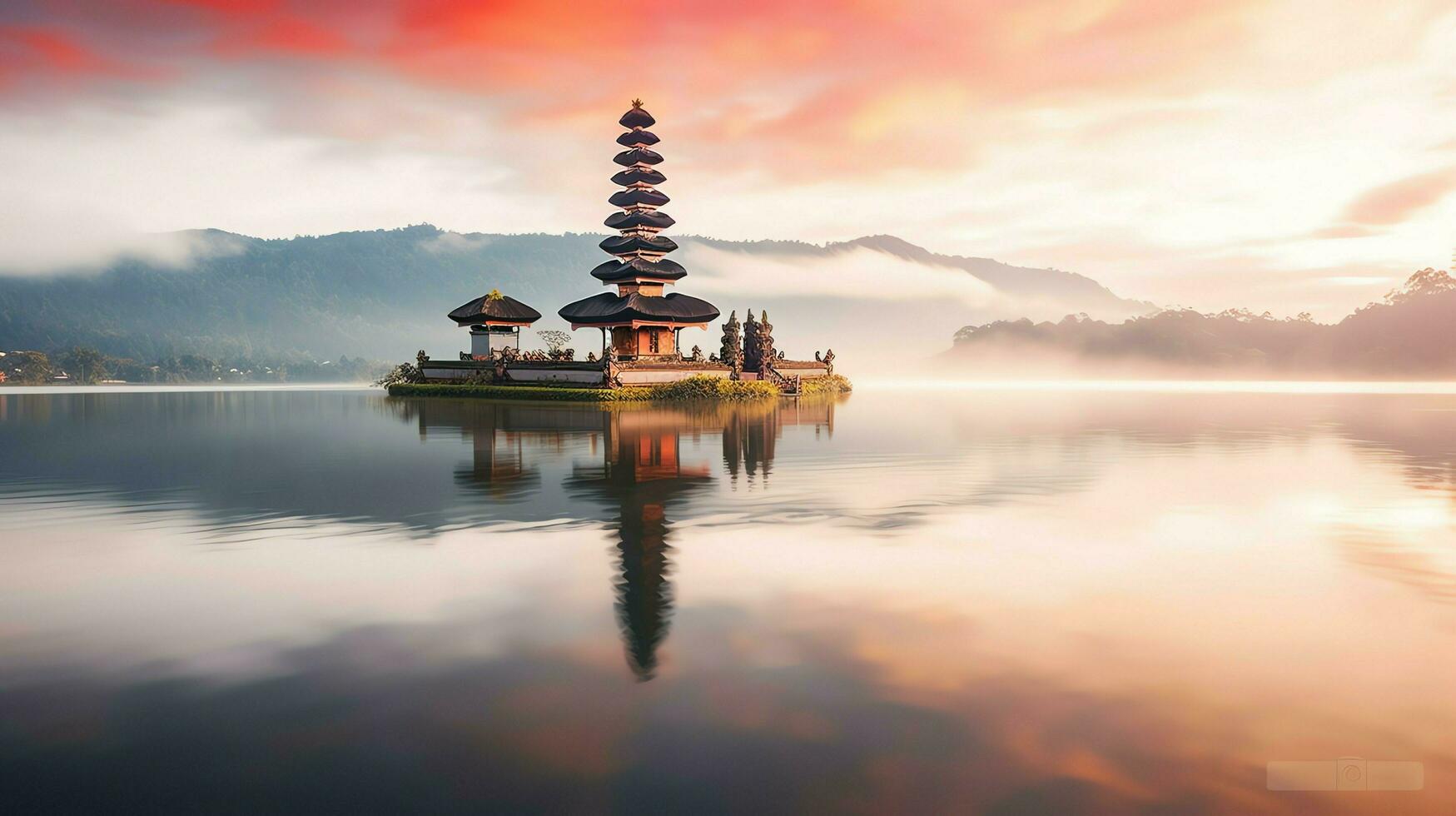 Ancient pura ulun danu bratan, besakih or famous hindu temple and tourist in bali island at sunrise concept by AI Generated photo